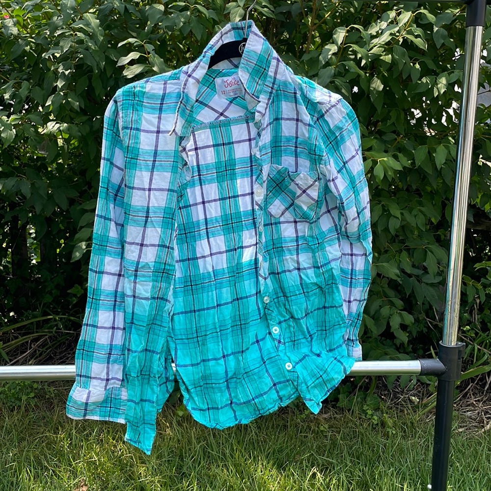 Teal and white plaid button down shirt
